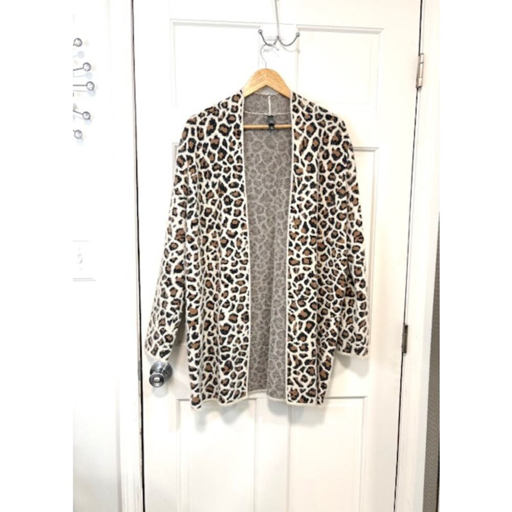 ALYA Animal Print Cardigan Sweater Sz L Open Front Longline Fuzzy Duster Leopard